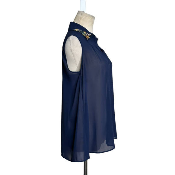 Aqua blue jeweled collared buttoned sleeveless sheer blouse size Small - Picture 4 of 11